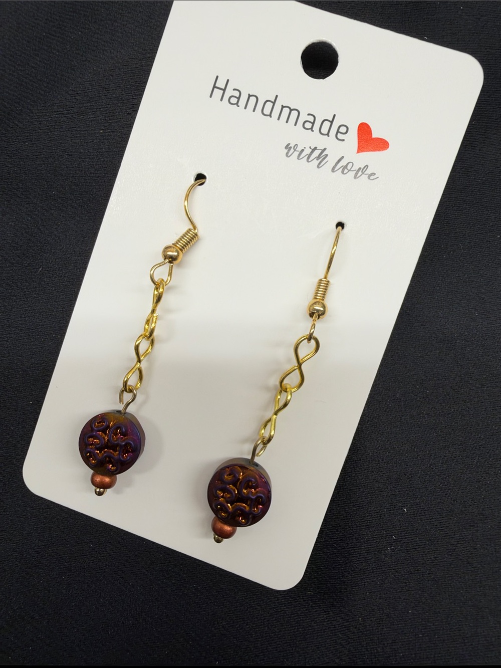 Handmade Gold-Tone Chain Earrings with Purple Beads